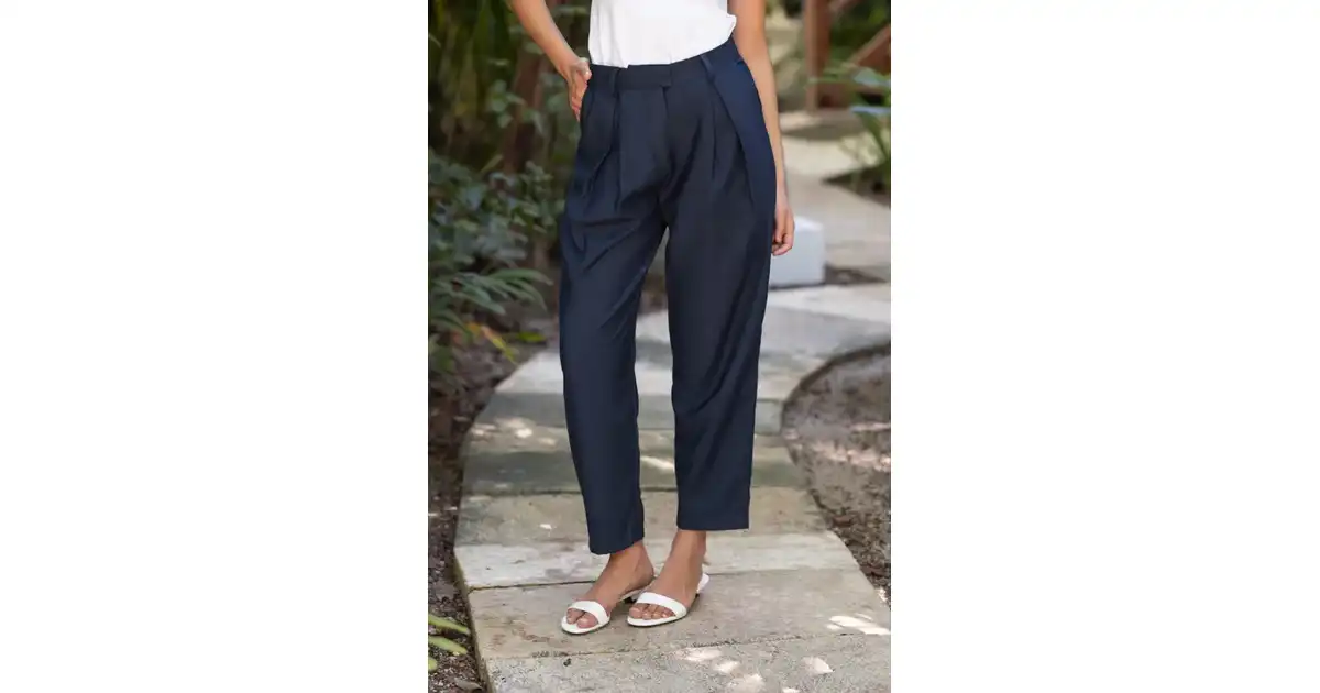 Granatowe bawełniane spodnie ballon ze średnim stanem